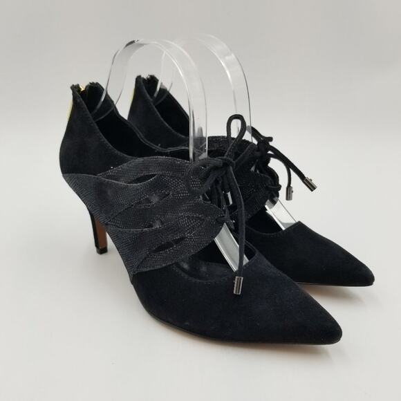 Isola Palazzo Heels Womens‎ 8.5 Black Suede Leather Lace up - Picture 3 of 11